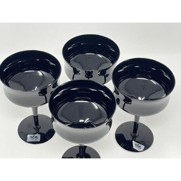 AMERICAN MANOR Ebony Black Vintage MCM Crystal Champagne Coupe Sherbet set Of 4 - Picture 2 of 5